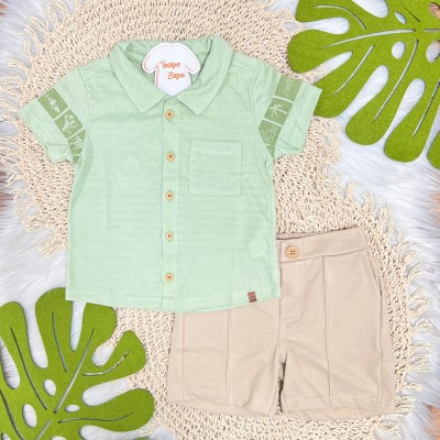 Conj. Camisa Beach com Bolso e Bermuda - Verde e Areia
